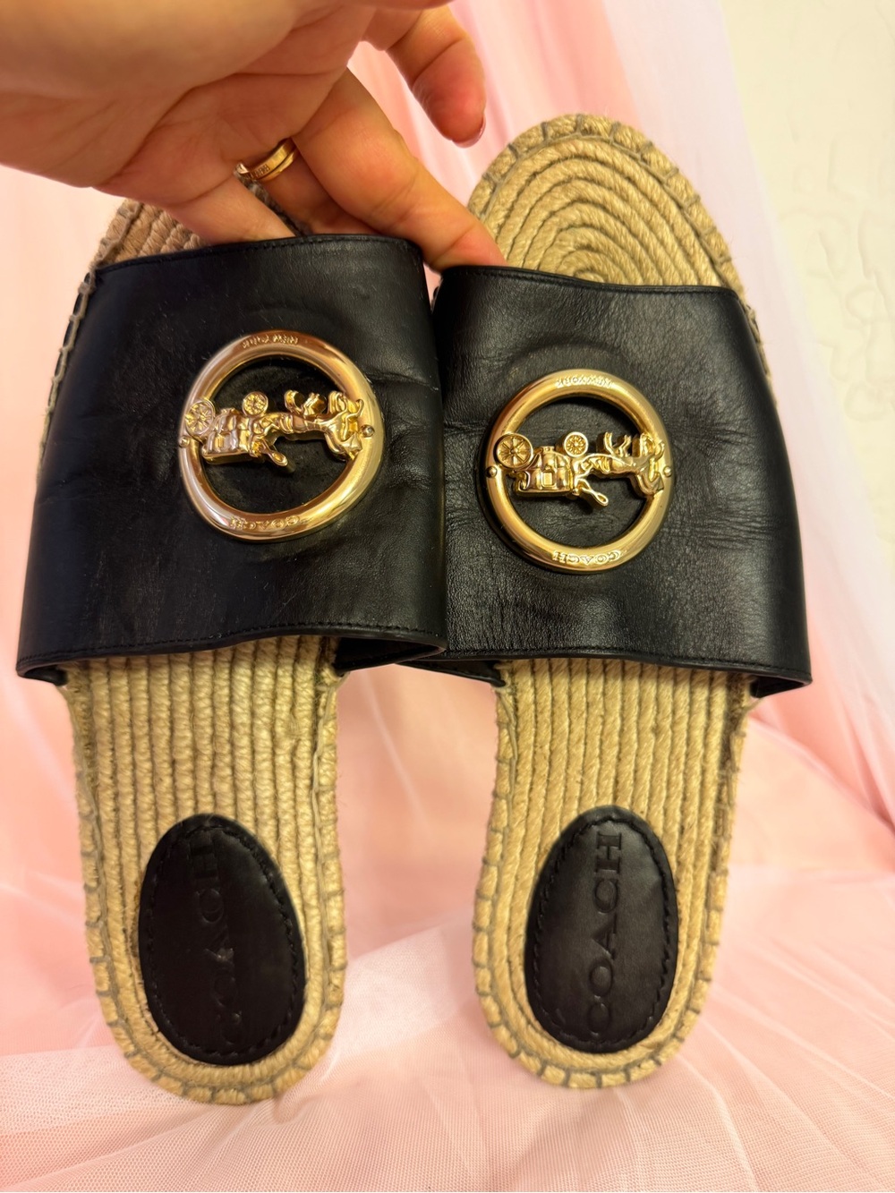 👟Coach Women’s Black Leather Slide Logo Espadrille Sandals US 7.5
